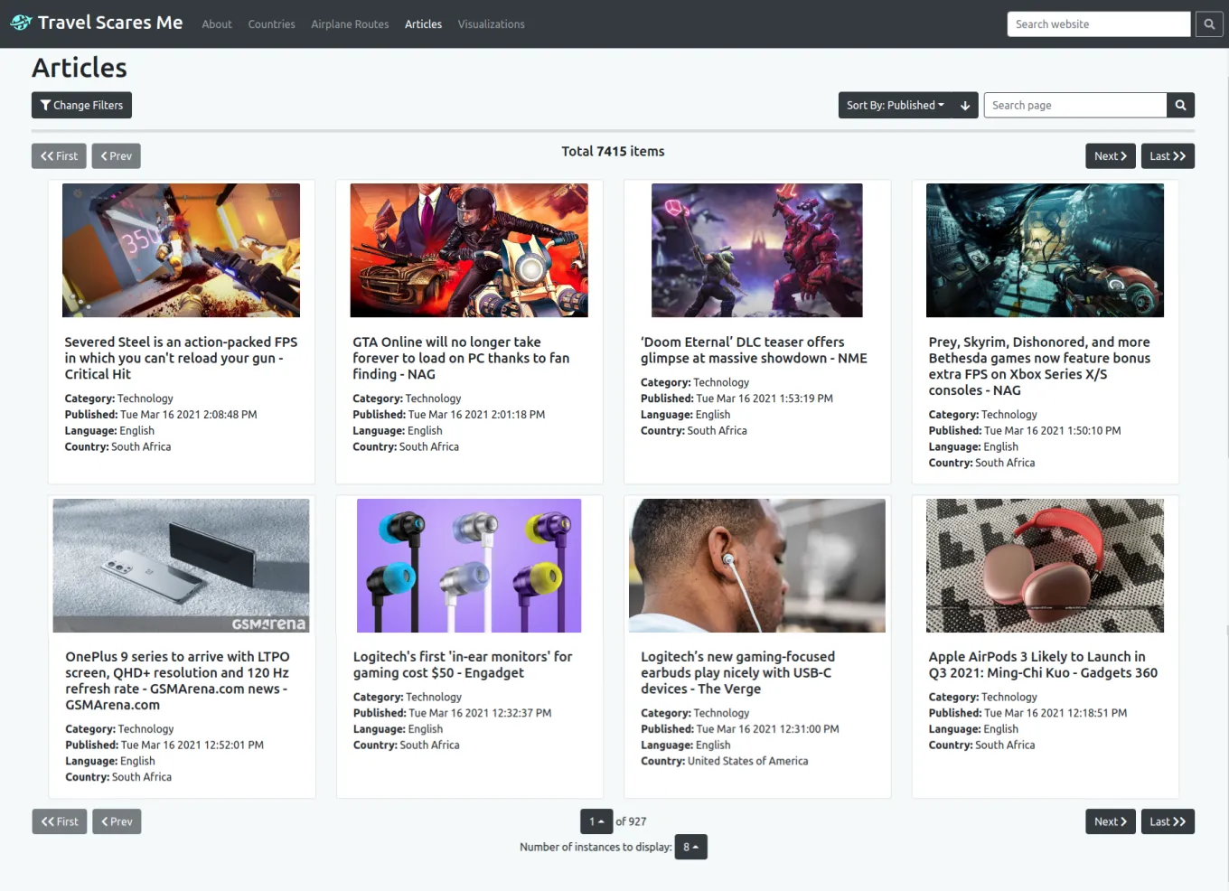 The news articles model page