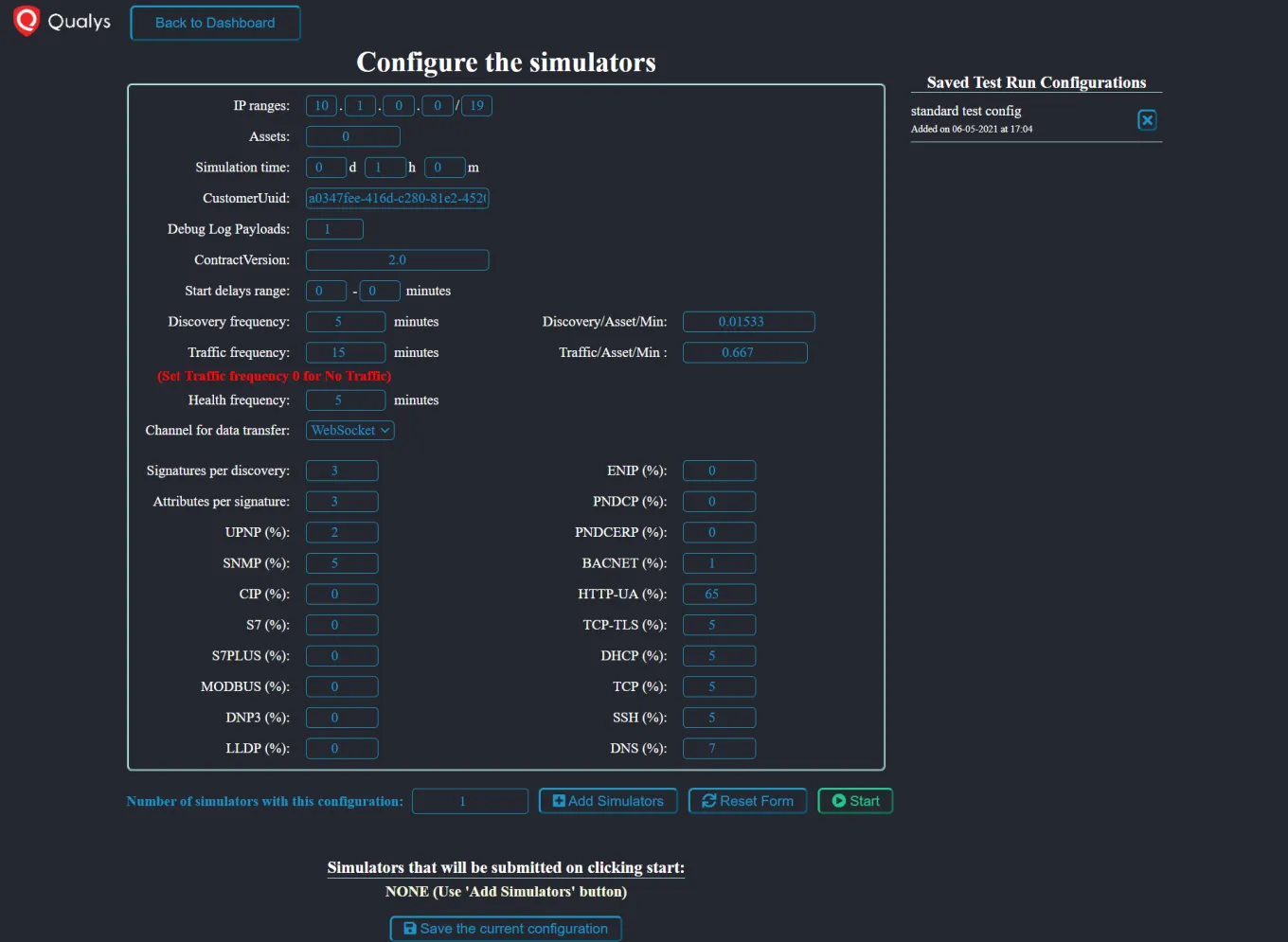 Form screen with simulation configurations