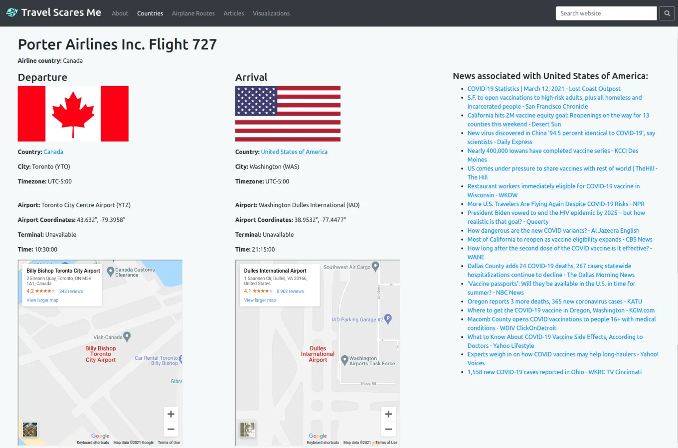 An airplane route instance page
